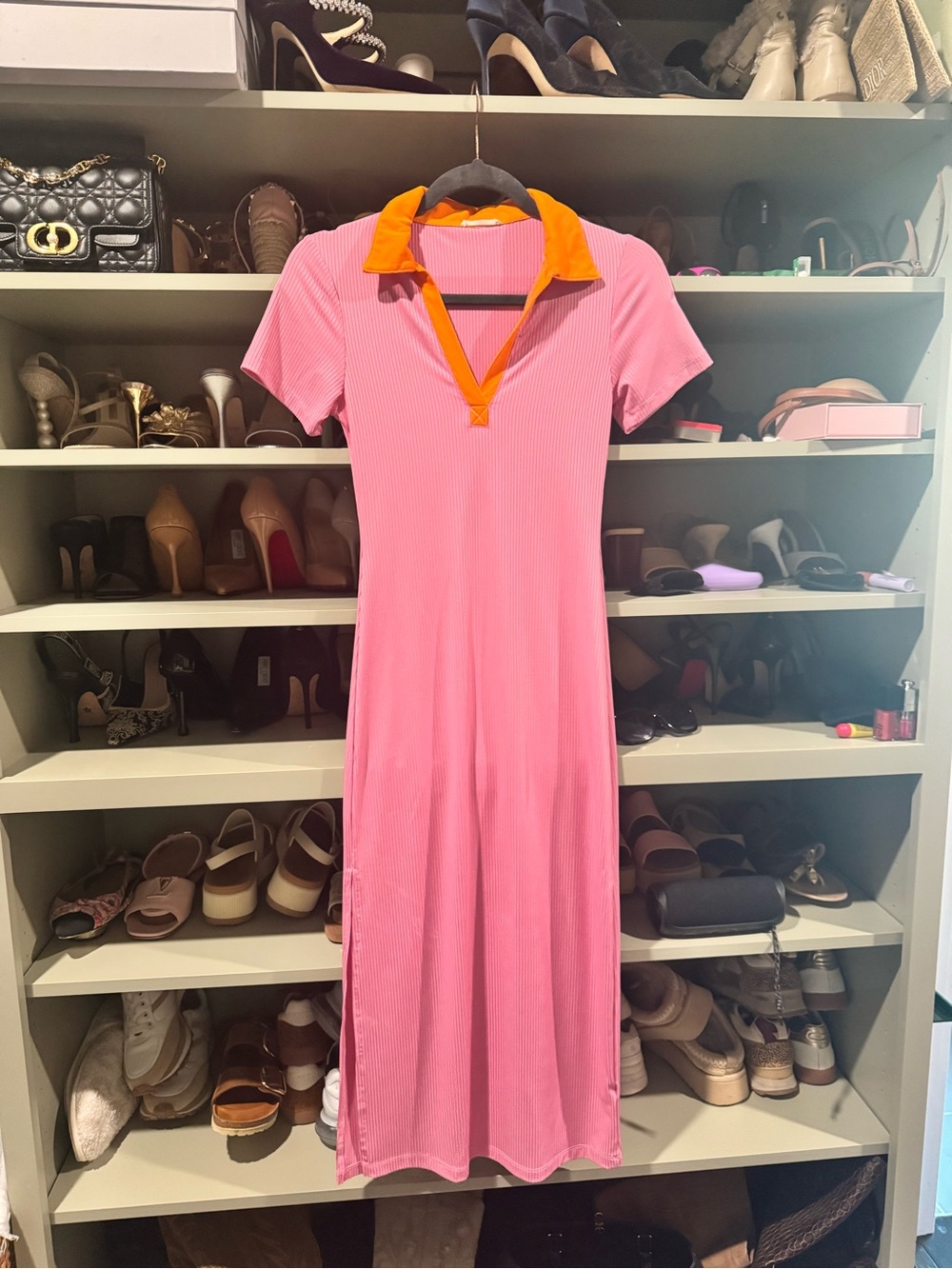 Sunday Pink Maxi Polo Dress with Orange Collar